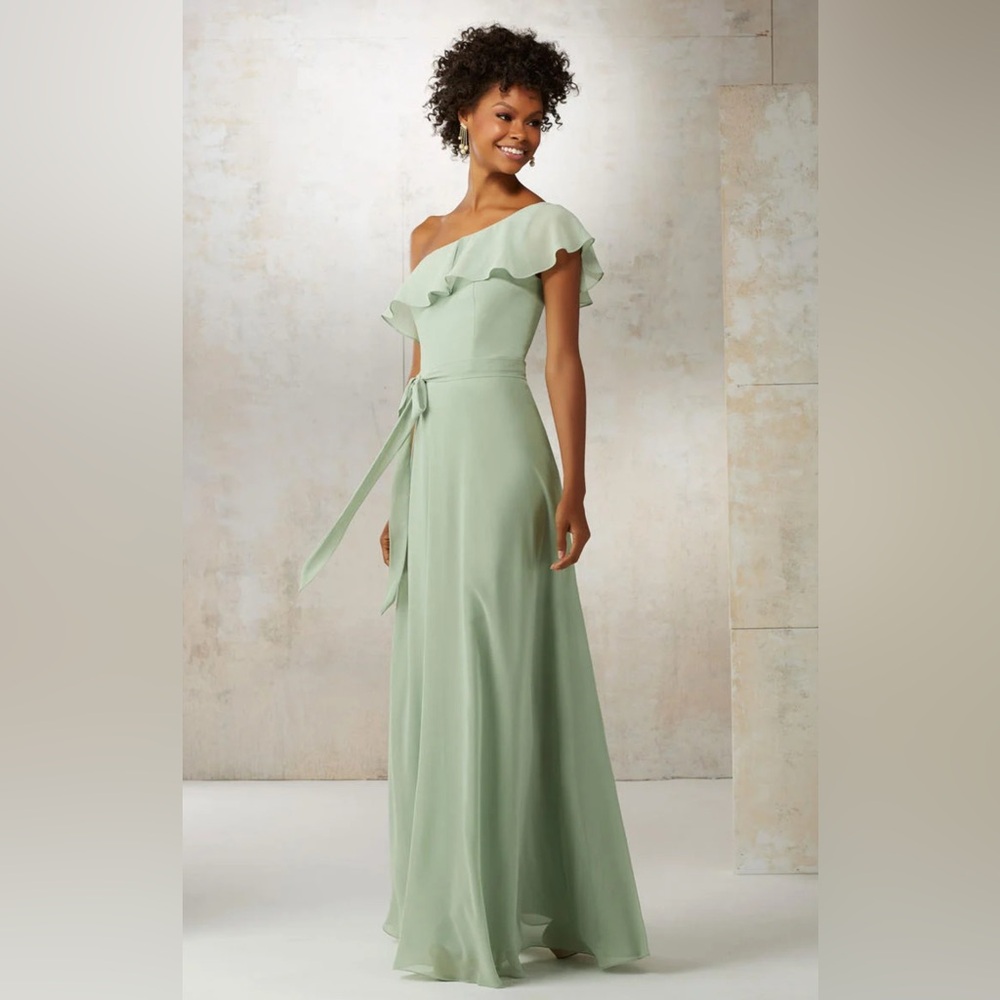 Beautiful Morilee Sage Green Chiffon Dress - One Shoulder